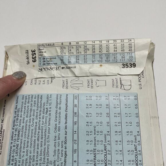 1994 See & Sew Butterick 3539 PATTERN Jacket Skirt Top Size 12 14 16 - Picture 3 of 3